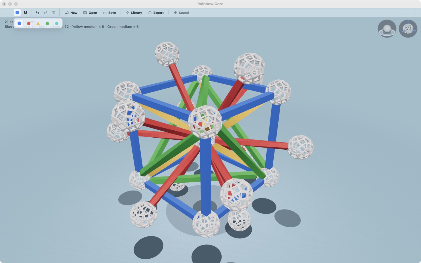 Rainbow Core in the Mac window with blue, red, yellow, and green struts